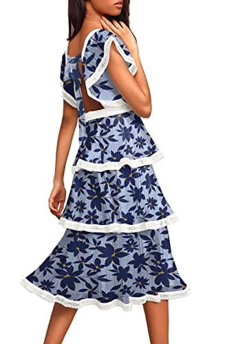 ETCYY Women's Summer Ruffle Dress Tiered Layed Chiffon Lace Short Sleeve Boho Floral Print Party Wedding Guest Maxi Dresses,Floral Lily,Large - Thumbnail 2