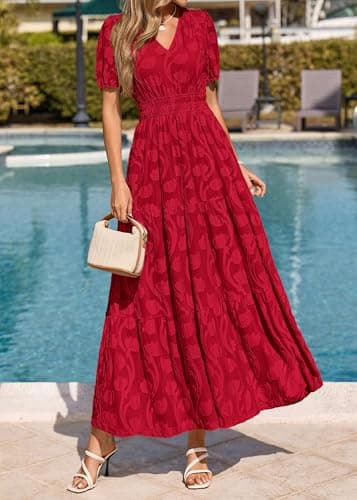KIRUNDO Summer Dresses for Women 2026 Boho Flowy Casual Short Sleeve V Neck Elastic Waist Floral Long Baby Shower Maxi Dress(Red, XX-Large) - Thumbnail 2