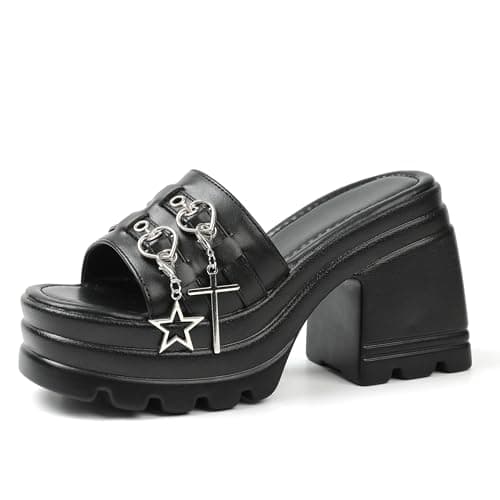 Yremael Women Black Gothic Sandals Chunky Buckle Heel Square Toe Slip On Block High Heel Dressy Shoes - Image 1