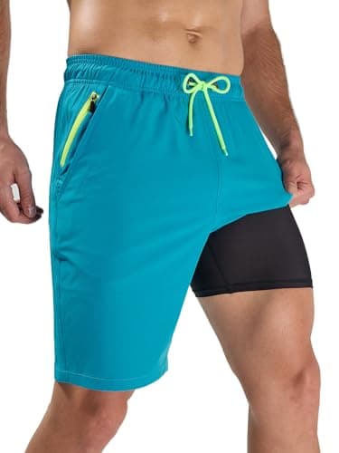 Arcweg Men's Swim Trunks with Compression Liner and Zipper Pockets Quick Dry Sky Blue 2XL Bathing Suit Board Swimming Shorts - Image 1