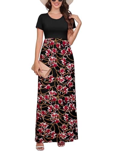 DEARCASE Women Long Maxi Dress Flower Chain Red Medium Crewneck Boho Short Sleeve A-line Casual Hawaiian Flowy Party Vintage Spring Summer Beach Dresses with Pockets - Image 1