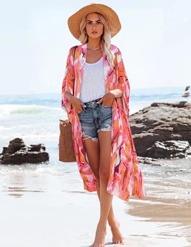MayBuy Beach Cover Ups for Women Kimonos Boho Swimsuit Chiffon Coverups Long Flowy Swimwear Cardigan Summer Open Front Cover Up Pink Purple Floral S - Thumbnail 4