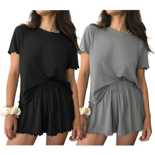 Ekouaer 2 Packs Womens Pajama Set Short Sleeve Sleepwear Soft Top and Shorts Pjs Casual Outfits Lounge Set with Pockets Black/Grey - Image 1