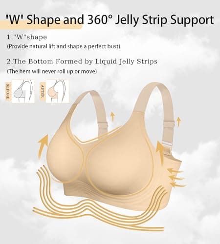 ZYQEXA 2 Pcs Womens Seamless Wireless Jelly Bra Push Up Comfort Soft No Underwire Full Coverage T-Shirt Bra with Extender, Black + Nude, 2XL - Thumbnail 4