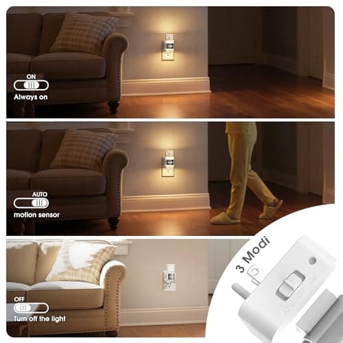 JandCase Motion Sensor Night Light, Dimmable Night Lights Plug Into Wall, 2 Pack 3000k Soft White Night-Lights With 0-100Lm Adjustable Brightness, Acrylic Plug In Nightlight For Bedroom Bathroom Decor - Thumbnail 2