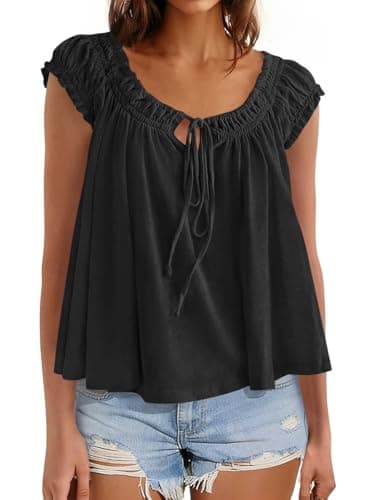 Beloyoni Womens Summer Babydoll Flowy Tank Tops Tie Front Ruffle Cap Sleeve Blouses Cute Going Out Dressy Shirts Black XS - Image 1