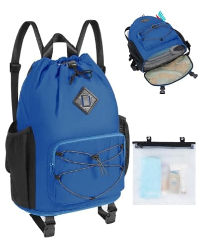 WANDF Drawstring Backpack with Removable Wet Pocket, Sandproof Beach Backpack with Bottom Compression Strap for Beach Mat, Swim Bag for Pool, Gym, Travel and Workout Gear (Navy Blue) - Image 1
