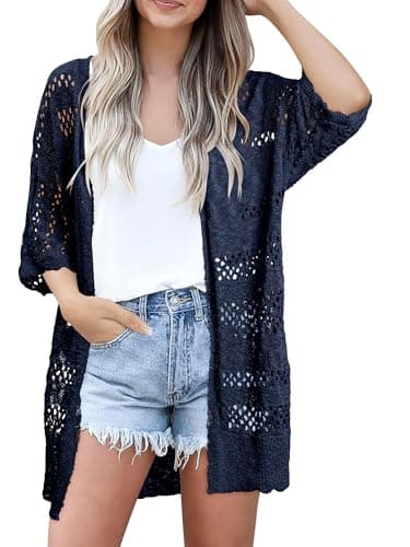 KISSMODA Summer Crochet Short Sleeve Cardigan for Women Navy Open Front Casual Lightweight Kimono Cover Ups for Grocery Runs XL - Image 1