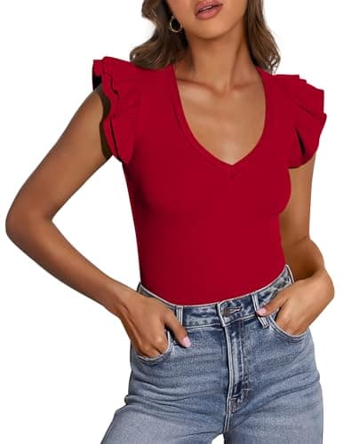 PRETTYGARDEN Womens V Neck Summer Tops Ruffle Sleeveless Slim Fit T Shirts Going Out Casual Blouses 2026 (Red,X-Large) - Image 1