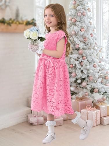 ALLOVIN Girls & Toddlers Sleeveless A-Line Lace Party Dress Birthday Wedding & Flower Girl Dress with Beaded Bowknot | Rose Pink | 6-7Y - Thumbnail 5
