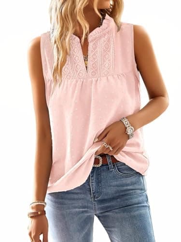 Falechay Plus Size Tops for Women Dressy Casual Sleeveless Going Out Womens Blouses V Neck Summer Shirts Tunic Business Swiss Dot Boho Top Cute Bohemian Flowy Shirt Light Pink XXXXL - Image 1