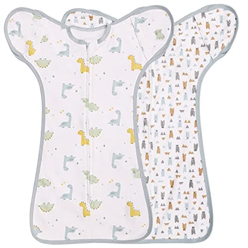 2 Pack Transition Swaddle with 2 Way Zipper, 2 in 1 Arms in/Out Transitional Arms Up Swaddle, 100% Cotton Newborn Swaddles Zipper Swaddles Baby Swaddling Sack Sleep Sack 0-3 Months, Dinosaur & Bear