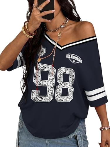 TAKEYAL Oversized Jersey for Women V Neck Graphic Tees Vintage Streetwear Summer Y2K Accessories X-Small Navy - Image 1