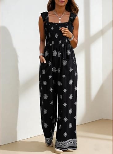 Dokotoo Floral Jumpsuits for Womens 2026 Ruffle Sleeves Cute Square Neck Maternity Jumper Smocked Waisted Wide Leg Pants Dressy Beach Vacation Cruise Outfits Plus Size with Pockets,Black Large - Thumbnail 3