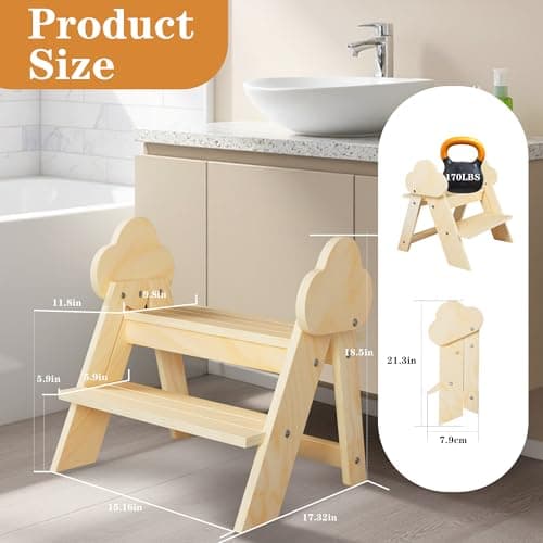TinyHaven Wooden Toddler Step Stool, 2-Step Foldable Stool for Kids with Non-Slip Surface, Baby Bathroom Stool for Potty Training, Bathroom Sink, Kitchen Counter with Cute Cloud Design, Natural - Thumbnail 3
