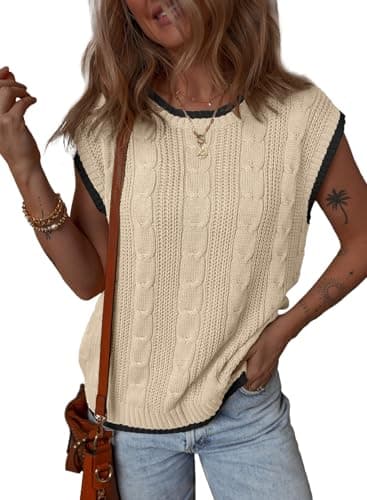 Dokotoo Tank Tops for Women 2024 Round Neck Cap Sleeve Color Block Cable Knit Sweater Vest Women Summer Tops Womens Fashion Apricot Medium - Image 1