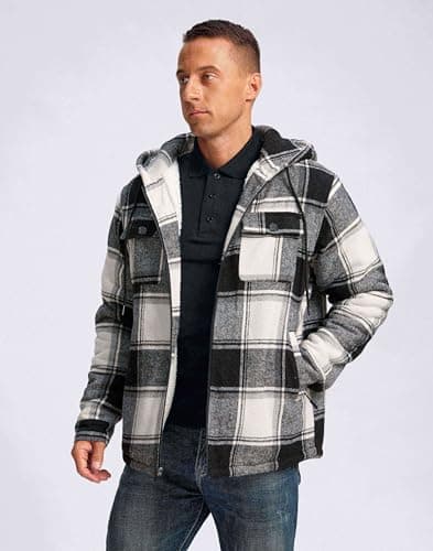 G Gradual Men's Flannel Jacket Fleece Sherpa Lined Hoodies Zip Up Plaid Shirt Warm Winter Jackets for Men with Zipper Pockets(Black White,S) - Thumbnail 2