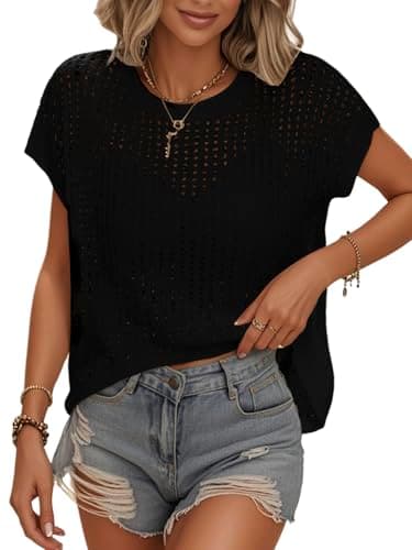 Bellcoco Crochet Tops for Women Summer Vacation Outfits Beach Cover Ups Cute Hollow Out Pullover Sweater Vest Cap Sleeve Clothes 2026 Black Small - Image 1