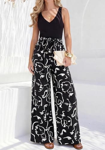 BTFBM Two Piece Sets For Women Summer 2026 Spring Outfits Casual Sleeveless Wide Leg Pants Sets Beach Vacation Clothes(Floral Black White, Large) - Thumbnail 3