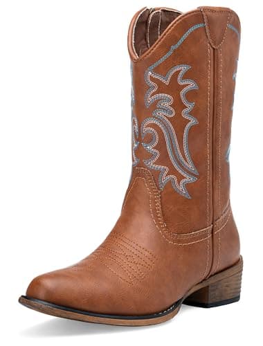 Jeossy Women's Brown Cowboy Boots, Western Cowgirl Mid-Calf Pull on Round Toe Embroidered Country 9806 Boots with Zipper Size 11 (DJY9806 brown 11) - Image 1
