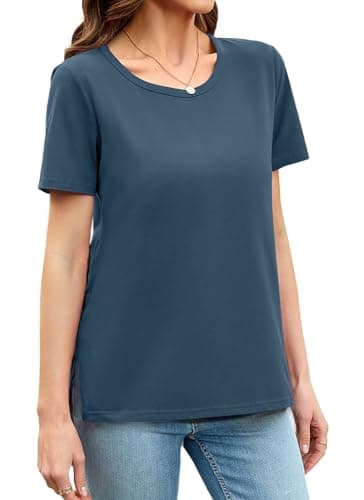 Herou Women Casual Summer Short Sleeve Tops T-Shirts Tees with Side Split Acidblue Medium - Image 1