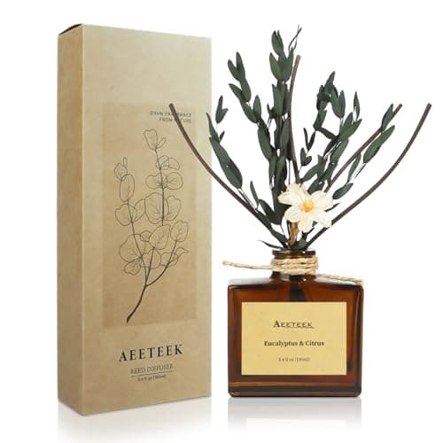 Aeeteek Reed Diffuser, Eucalyptus & Citrus Scented Oil Diffusers for Home with Dried Flowers, 3.4 Fl Oz Essential Oil Diffuser for Bathroom, Elegant Fragrance for Room Decor