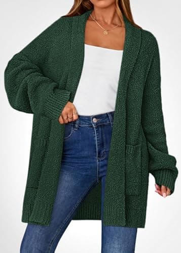 KIRUNDO Cardigan Sweaters for Women 2026 Fall Chunky Fuzzy Knit Open Front Loose Long Sleeve Sweater Coats Winter Clothing(Dark Green, Medium) - Thumbnail 3