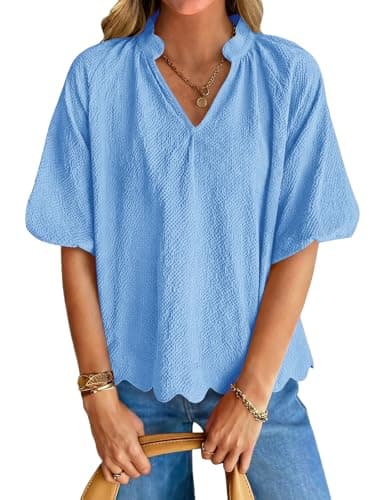 Tankaneo Womens Puff Sleeve Tops Summer Textured V Neck Scalloped Blouses Dressy Casual Loose Fit Tee Shirts Sky Blue - Image 1