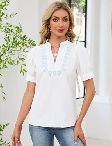 CiCiBird Womens Dressy Casual Blouses Boho Embroidered Shirts Work Business Top Trendy Vacation Clothes White L - Thumbnail 4