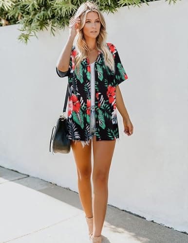 LILYCHIC Womens Button Down Summer Hawaiian Shirts Short Sleeve Blouse Casual Work Blouse Summer Hawaiian Outfits Black L - Thumbnail 4