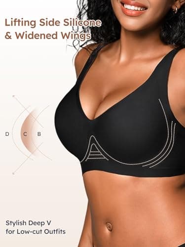 Wireless Bras for Small Breasted Women - S-L Deep-V Jelly Seamless Bralette, Comfortable Padded T-Shirt Bra No Underwire Black M - Thumbnail 3
