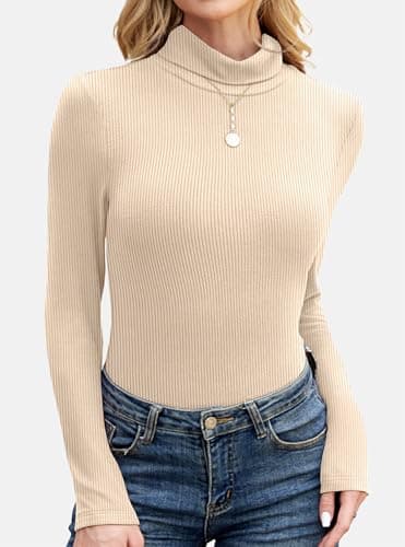 GKBK Women's Turtleneck Sweaters Long Sleeve Ribbed Basic Tees Shirts Lightweight Thermal Underwear Warm Layering Tops Fall Outfits 2025 Trendy Apricot - Thumbnail 2