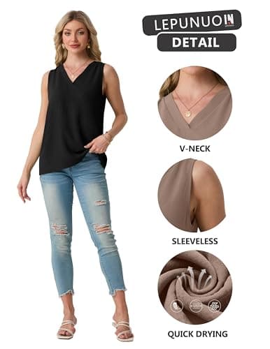 Lepunuo Black Tank Top for Women Textured V-Neck Business Casual Work Office Summer Sleeveless Tee - Thumbnail 4