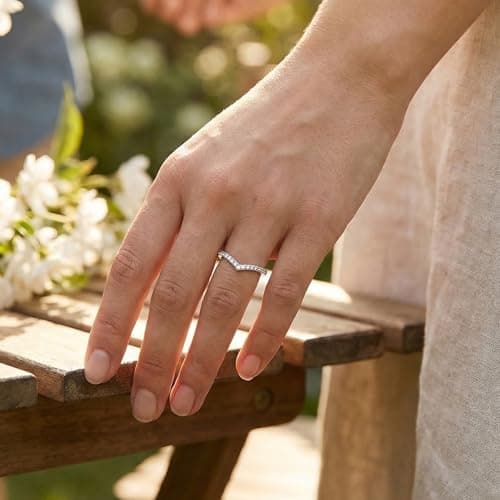 HYLYLEED Moissanite V Shaped Wedding Band 925 Sterling Silver 18K White Gold Plated Rings for Women Ladies Engagement Eternity Ring Thin Stackable, V Shape, Size 9 - Thumbnail 2