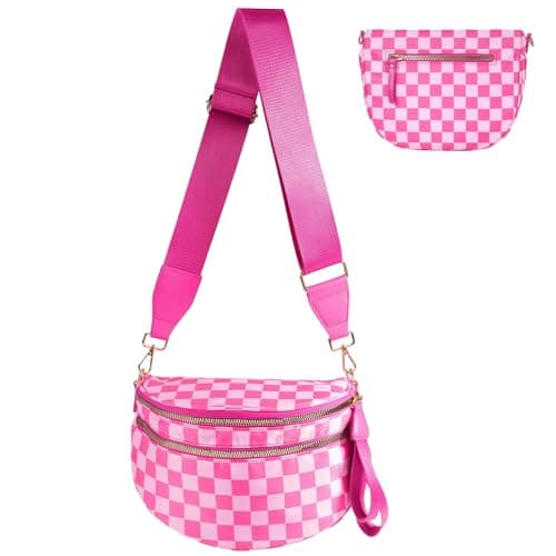 Checkered Crossbody Bag Bum Bags for Women Nylon Checkered Purse Large Fanny Packs Sling Bag Handbag Cross Body Bags - Image 1