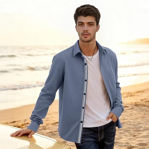 Men's Shirt Casual Stylish Long Sleeve Untucked Button Down Shirt Winter Spring Mens Dress Shirts Blue - Thumbnail 3