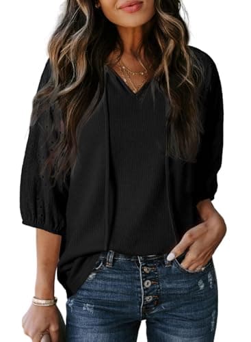 Dokotoo Black Tops for Women Trendy Summer Loose Fit Casual Beach Vacation Essentials Womens Shirts Lace-up Vneck Womens Summer Outfits Hollow Out 3/4 Puff Sleeve Boho Tops for Women X-Large - Image 1