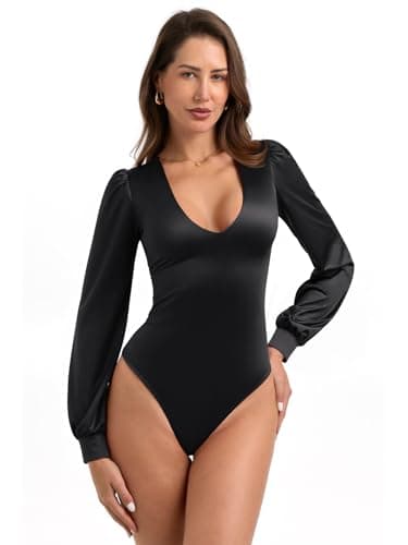 PINKMSTYLE Womens Sexy Plunge V Neck Satin Silk Black Long Sleeve Bodysuit Date Night Outfit Medium - Image 1