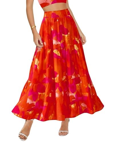 BTFBM Skirts for Women Summer 2026 Floral Print A Line Elastic High Waist Boho Maxi Skirt Spring Fashion Clothing Pocket(Floral Red, Large) - Image 1