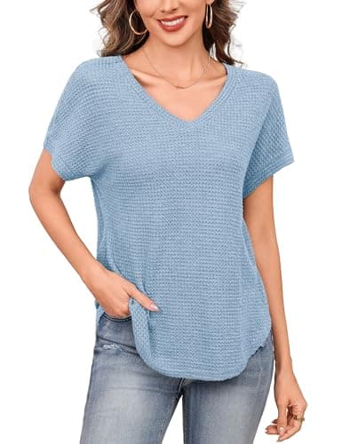 Totatuit Women's Summer Waffle Knit Tops V Neck Short Sleeve Casual Shirts Loose Fit Curved Hem Blouses Soft Lightweight Basic T-Shirts - Image 1
