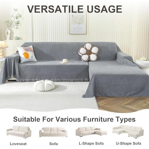 OstepDecor Chenille Couch Cover, Dark Grey Sofa Covers Washable, Sectional Couch Covers for Sofa L Shape, Couch Blanket Cover, Non-Slip Sofa Slipcovers for Dogs, Pets, 91" x 134" - Thumbnail 6