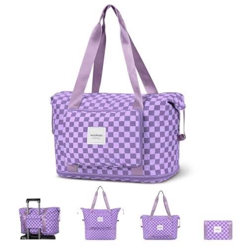 WOOMADA Foldable Travel Duffel, Weekender Bag with Expandable Space, Carry-On for Airplanes, Gym Bag for Women (Lavender Checkerboard) - Image 1