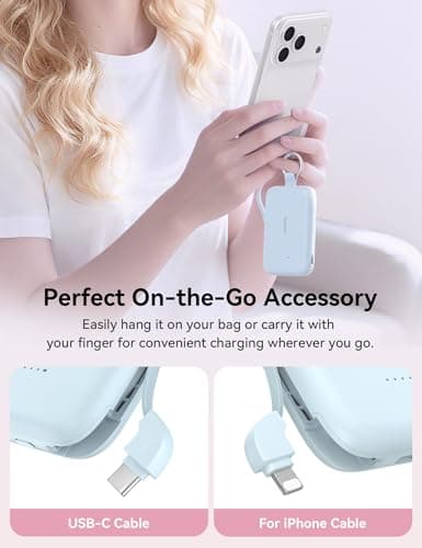 RORRY Portable Charger, 10000mAh PD 30W Fast Charging Portable Charger Power Bank with Built-in Cables, Travel Keychain Charger Battery Pack for iPhone 17/16/15/14/13/12, for AirPods 2/3/4/Pro, Blue - Thumbnail 2