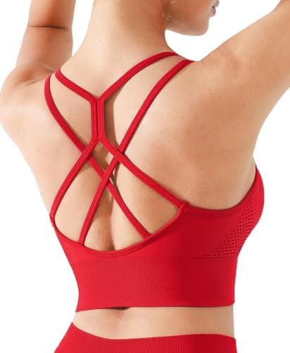BRXL Lycra Strappy Ruched Sports Bra for Women Breathable Seamless Criss Cross Back Light Support Padded Bras Exercise Yoga Red XL - Image 1