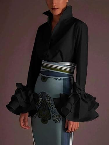 UOOZEE Womens Button Down Shirt Long Sleeve Dress Shirts Solid Work Blouse, Solid Black, XXL - Thumbnail 2