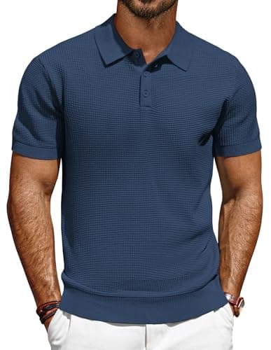 PJ PAUL JONES Men's Navy Blue Waffle Knit Texture Polo Shirt - Short Sleeve, Regular Fit, 2 Pack (Small) - Image 1