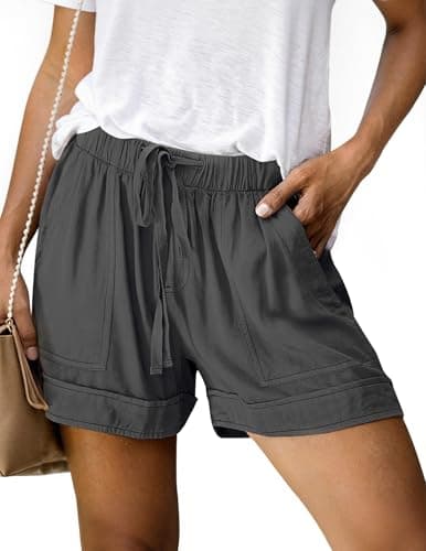 NILOINE Womens Drawstring Shorts Elastic Waist Shorts Casual Summer Beach Cotton Short Pants with Pockets(Dark Gray,Small) - Image 1