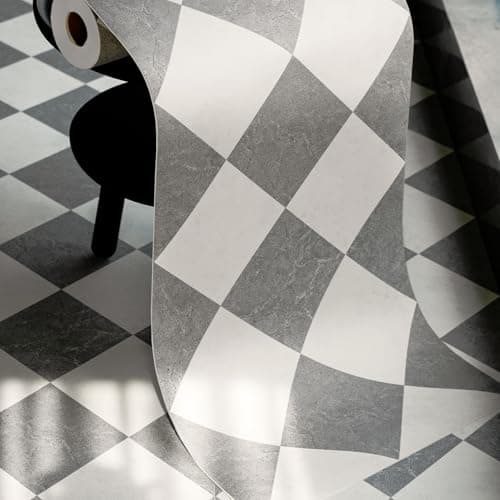 auxua Grey Vinyl Checked Flooring Roll – Small Size (15.7” x 6.56ft) for 8.61 sq.ft Coverage, Seamless Grain Match, Hassle-Free Peel & Stick Tile Application, Ideal for Kitchens & Bathrooms - Image 1