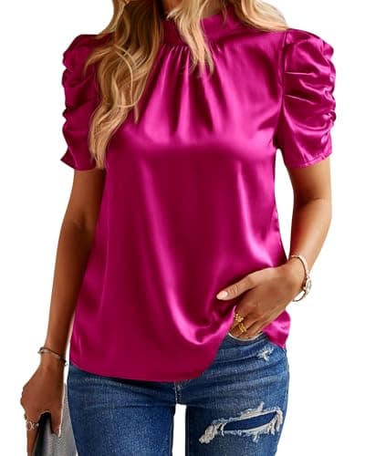 BTFBM Womens Tops 2026 Dressy Casual Blouses Summer Spring Clothes Mock Neck Short Sleeve Shirts Business Work Fall Outfits(Solid Rose Red, XX-Large) - Image 1