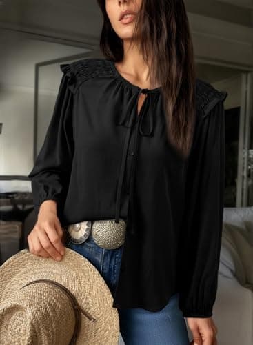 Dokotoo Women Blouses Fashion Summer Ruffle Round Neck Button Down Shirts Work Tops for Women Trendy Smocked Boho Tops Elegant School Outfits for Teachers Women's Clothing Black Medium - Thumbnail 4